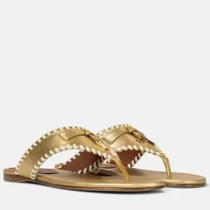 Loro Piana Sandals Leather Metallic Jovis Thong Flip Flop Sandals Gold Size 37.5