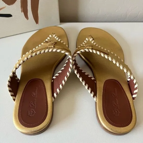 Loro Piana Sandals Leather Metallic Jovis Thong Flip Flop Sandals Gold Size 37.5