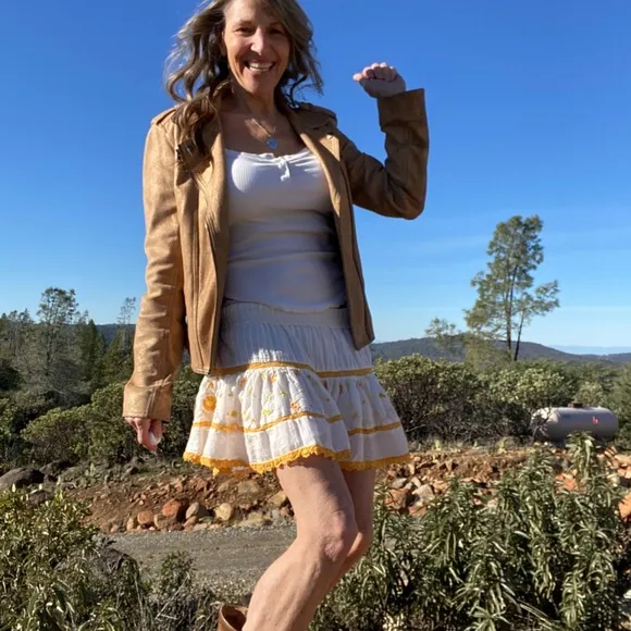 Love shack fancy mini skirt white with yellow dainty flowers including sunflower