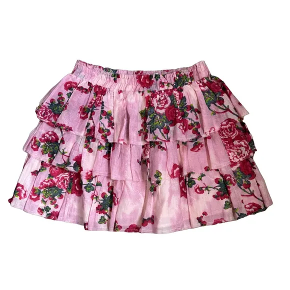 LoveShackFancy Medium Silk Cotton Tiered Floral Pink Mini Skirt