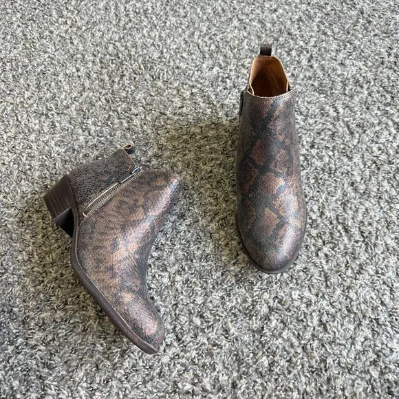 Lucky Brand Basel Ankle Boots Size 8 M Metallic Brown Snake Leather Zip New READ