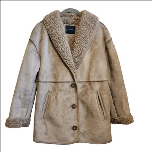 LUCKY BRAND FAUX SUEDE SHEARLING BUTTON FRONT EXPOSED SEAM COAT - SMALL MEDIUM