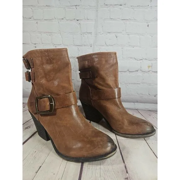 LUCKY BRAND $219 Womens Cognac Western Boho Tommie Buckle Ankle Heel Boots 8.5