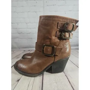 LUCKY BRAND $219 Womens Cognac Western Boho Tommie Buckle Ankle Heel Boots 8.5
