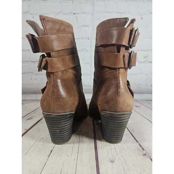 LUCKY BRAND $219 Womens Cognac Western Boho Tommie Buckle Ankle Heel Boots 8.5