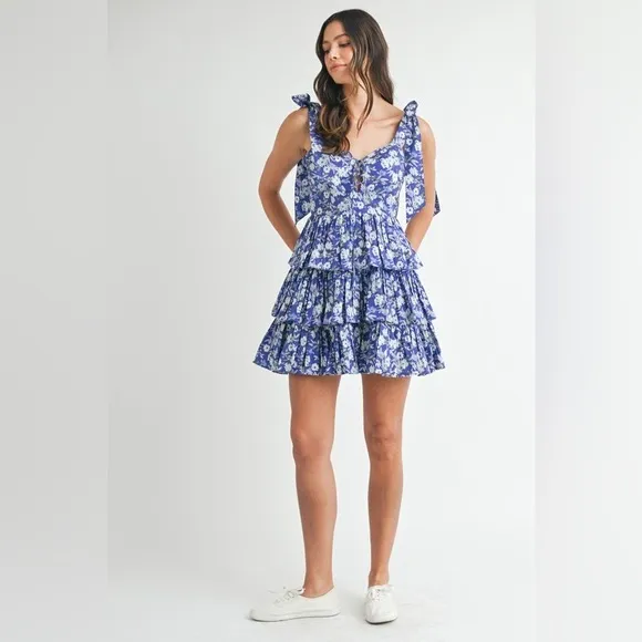 MABLE Floral Print Shoulder Tie Layered Mini Dress