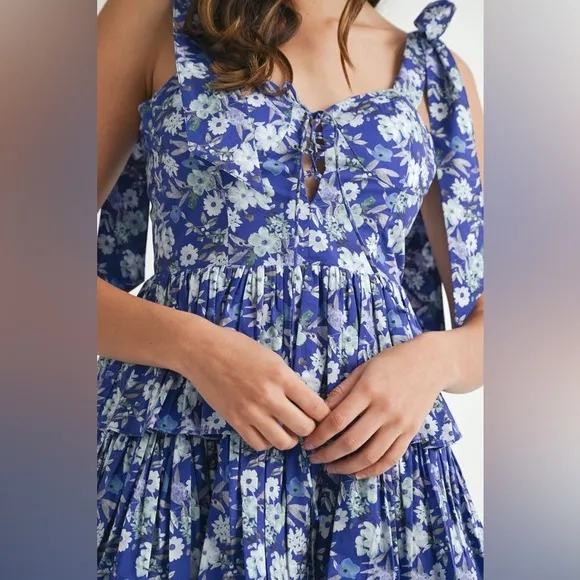 MABLE Floral Print Shoulder Tie Layered Mini Dress