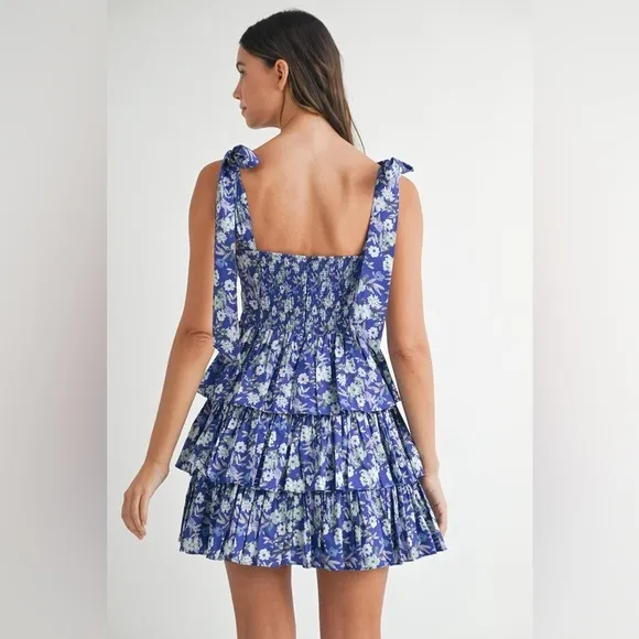 MABLE Floral Print Shoulder Tie Layered Mini Dress