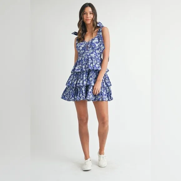 MABLE Floral Print Shoulder Tie Layered Mini Dress