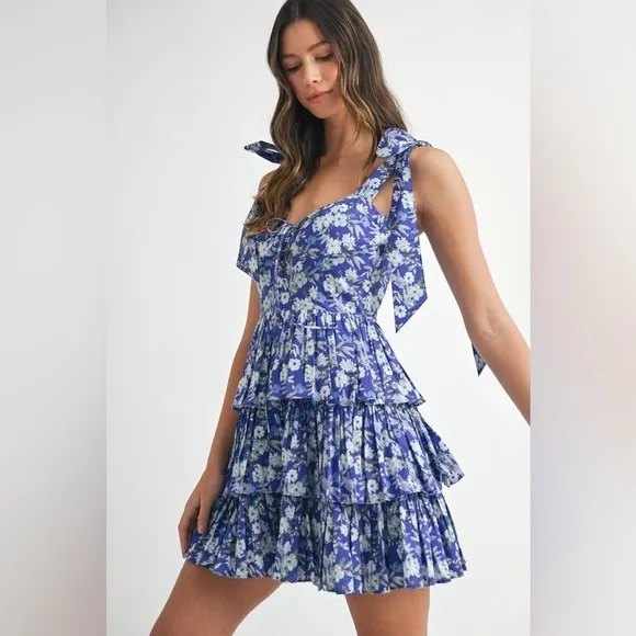 MABLE Floral Print Shoulder Tie Layered Mini Dress