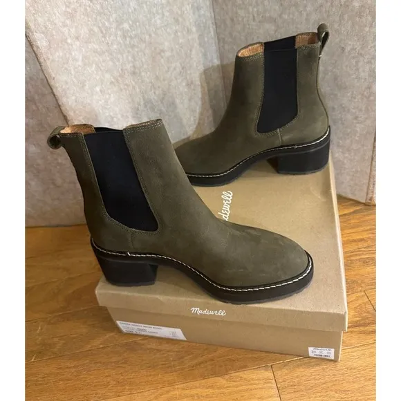 Madewell Women's Chelsea Lug Sole Heeled Boots in Cargo Green – Size 9.5, NIB