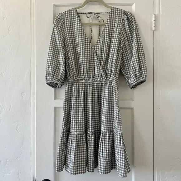 Mango green white cotton gingham puff sleeve tiered skater v neck mini dress S 4