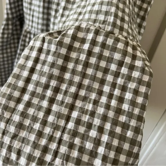 Mango green white cotton gingham puff sleeve tiered skater v neck mini dress S 4