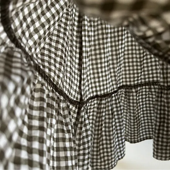 Mango green white cotton gingham puff sleeve tiered skater v neck mini dress S 4
