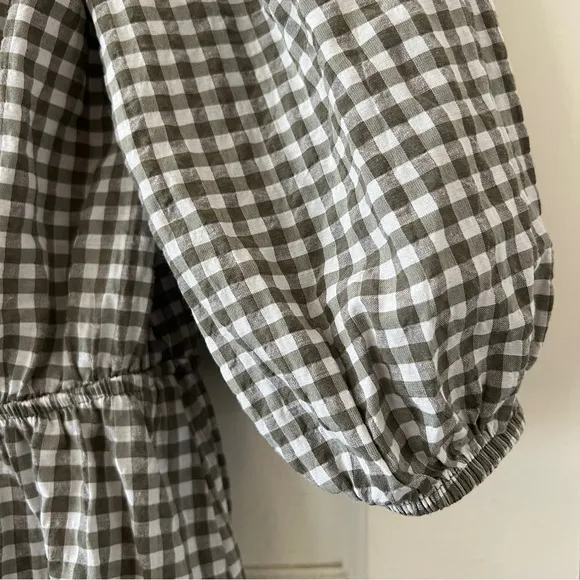 Mango green white cotton gingham puff sleeve tiered skater v neck mini dress S 4