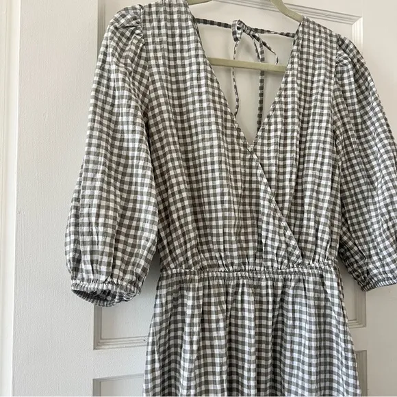 Mango green white cotton gingham puff sleeve tiered skater v neck mini dress S 4