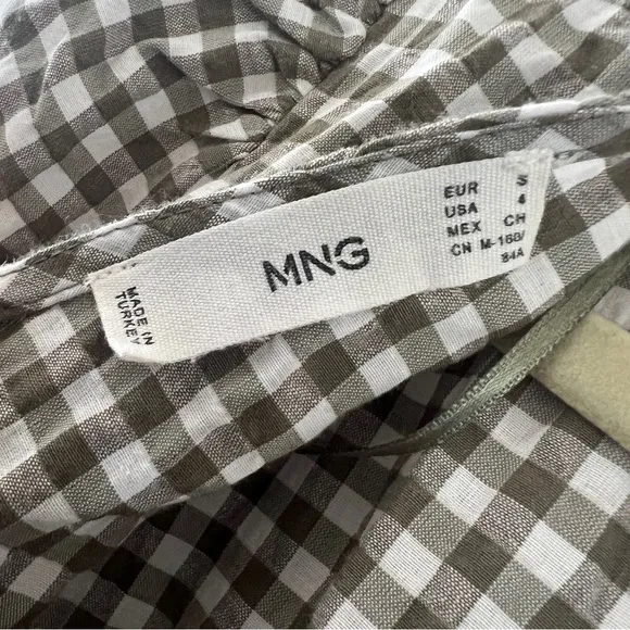 Mango green white cotton gingham puff sleeve tiered skater v neck mini dress S 4