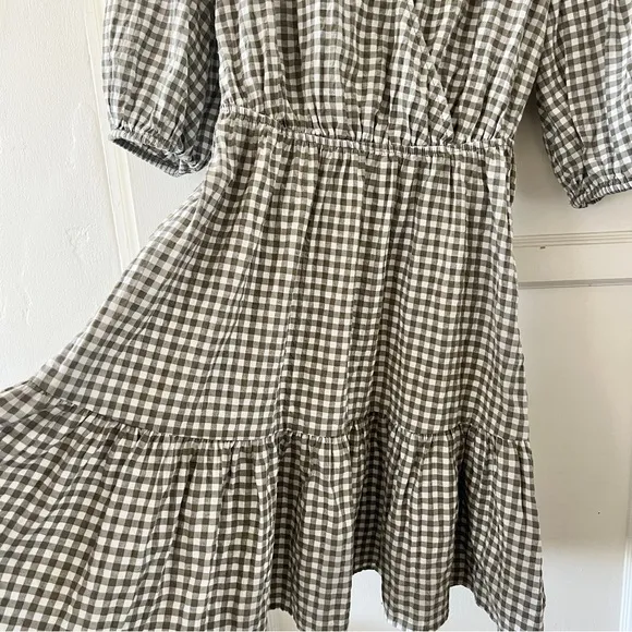Mango green white cotton gingham puff sleeve tiered skater v neck mini dress S 4