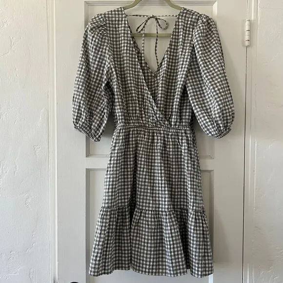 Mango green white cotton gingham puff sleeve tiered skater v neck mini dress S 4