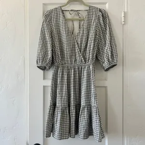 Mango green white cotton gingham puff sleeve tiered skater v neck mini dress S 4