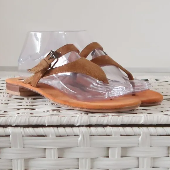 Manolo Blahnik Tan Suede Leather Thong Sandals Luxury Summer Flats Flip Flops 8