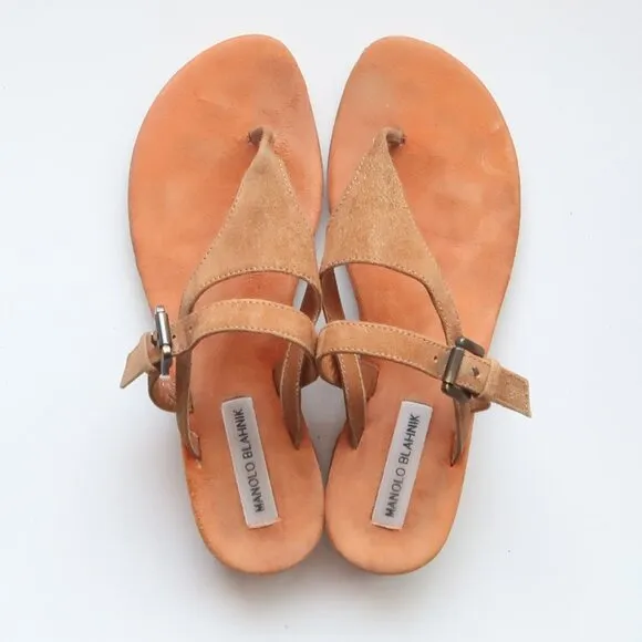 Manolo Blahnik Tan Suede Leather Thong Sandals Luxury Summer Flats Flip Flops 8