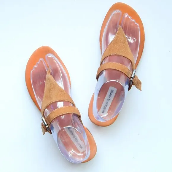 Manolo Blahnik Tan Suede Leather Thong Sandals Luxury Summer Flats Flip Flops 8
