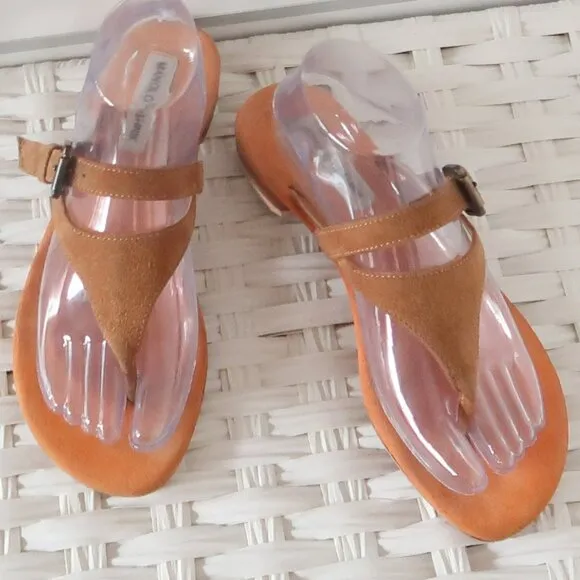 Manolo Blahnik Tan Suede Leather Thong Sandals Luxury Summer Flats Flip Flops 8