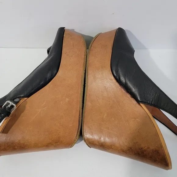 Marc By Marc Jacobs Black Leather Peep Toe Wedge Sandals Sz 39.5