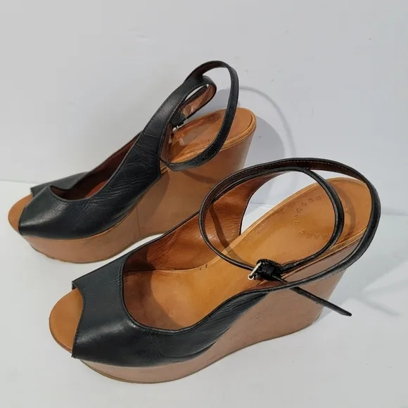 Marc By Marc Jacobs Black Leather Peep Toe Wedge Sandals Sz 39.5