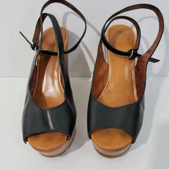 Marc By Marc Jacobs Black Leather Peep Toe Wedge Sandals Sz 39.5