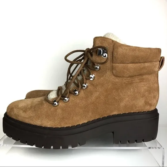 Marc Fisher LTD Nairy Hiking Combat Winter Suede Tan Shearling Thick Lug Boots