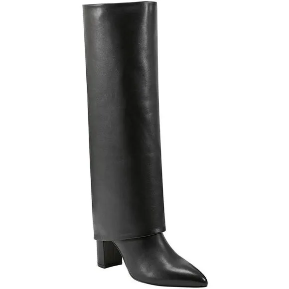 Marc Fisher Womens Black Block Heel Leather Mid-Calf Boots New