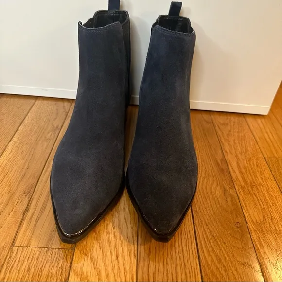 Marc Fisher Yale Pointy Toe Bootie with Metal Detail in Dark Blue Suede — Size 6