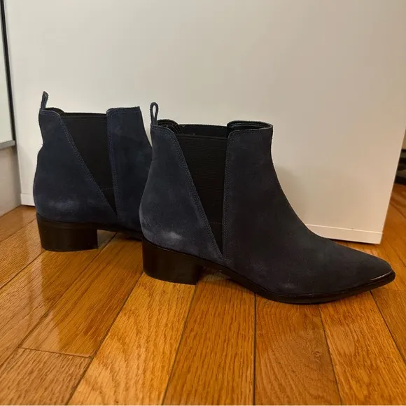 Marc Fisher Yale Pointy Toe Bootie with Metal Detail in Dark Blue Suede — Size 6