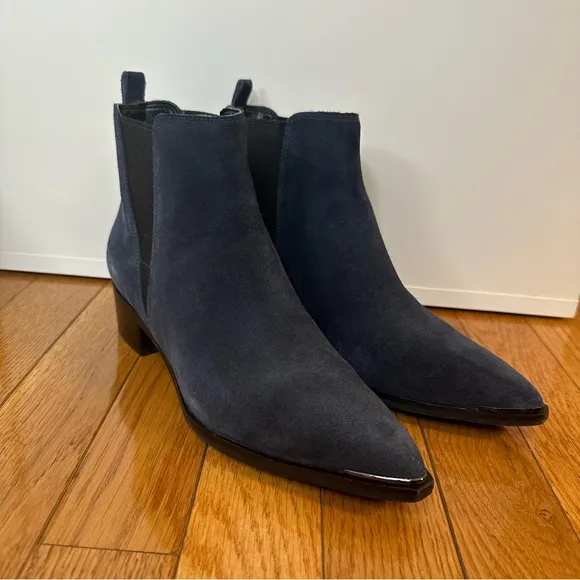 Marc Fisher Yale Pointy Toe Bootie with Metal Detail in Dark Blue Suede — Size 6