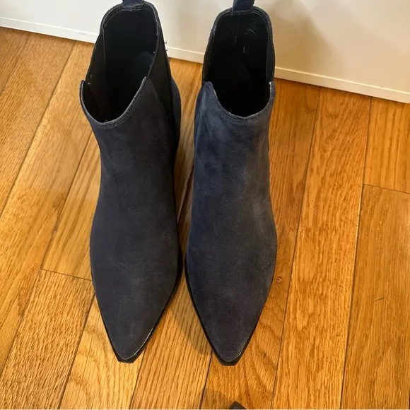 Marc Fisher Yale Pointy Toe Bootie with Metal Detail in Dark Blue Suede — Size 6