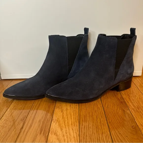 Marc Fisher Yale Pointy Toe Bootie with Metal Detail in Dark Blue Suede — Size 6