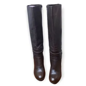 Marc Fisher's Kessler tall dress boots ankle strap buckle elastic back brown