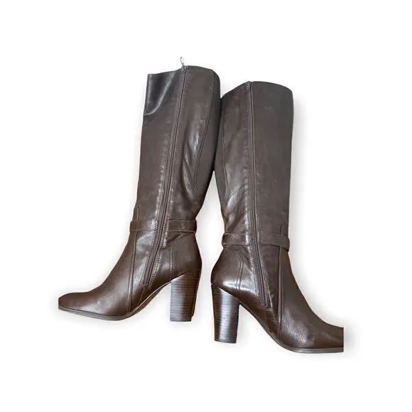 Marc Fisher's Kessler tall dress boots ankle strap buckle elastic back brown