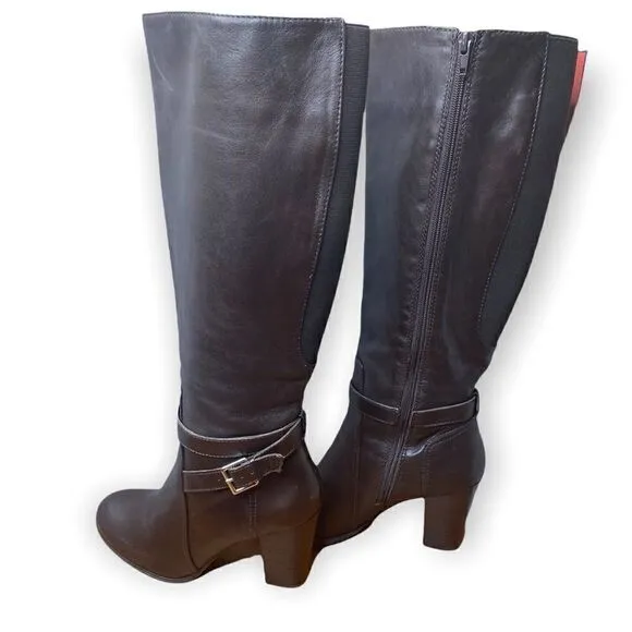 Marc Fisher's Kessler tall dress boots ankle strap buckle elastic back brown