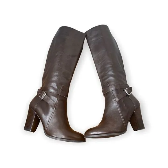 Marc Fisher's Kessler tall dress boots ankle strap buckle elastic back brown
