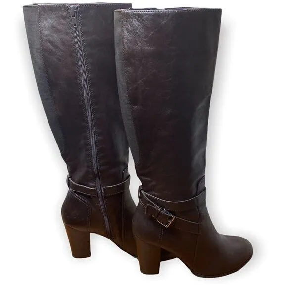 Marc Fisher's Kessler tall dress boots ankle strap buckle elastic back brown