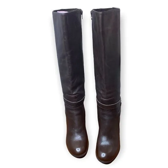 Marc Fisher's Kessler tall dress boots ankle strap buckle elastic back brown