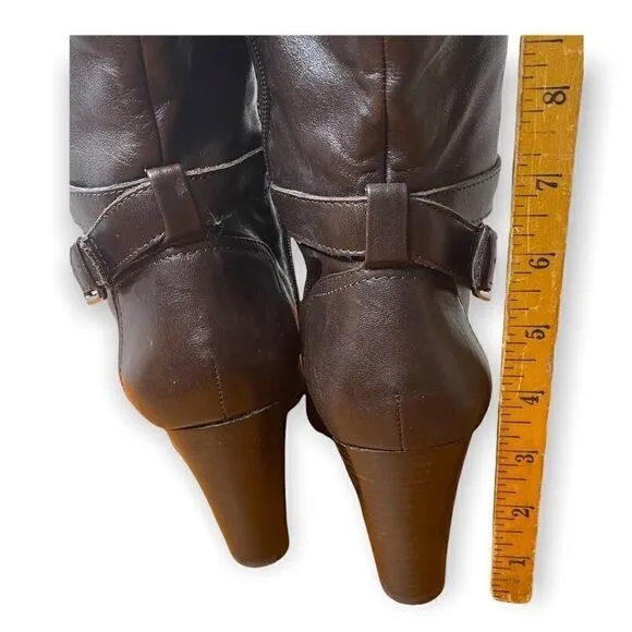 Marc Fisher's Kessler tall dress boots ankle strap buckle elastic back brown