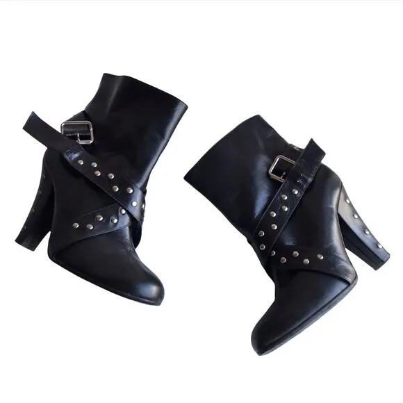 Marc Jacobs Moto Boots Black Studded Leather Harness Strap Ankle Booties Size 36