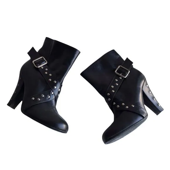 Marc Jacobs Moto Boots Black Studded Leather Harness Strap Ankle Booties Size 36