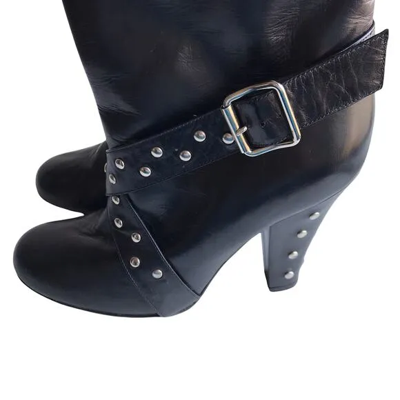 Marc Jacobs Moto Boots Black Studded Leather Harness Strap Ankle Booties Size 36