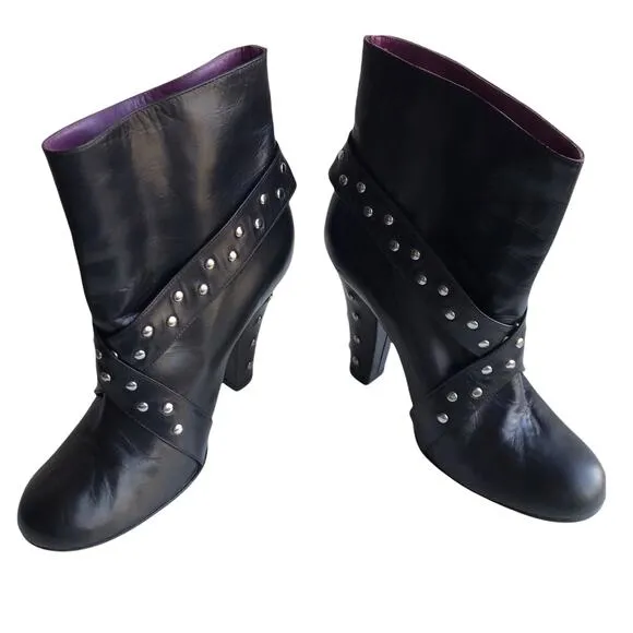Marc Jacobs Moto Boots Black Studded Leather Harness Strap Ankle Booties Size 36
