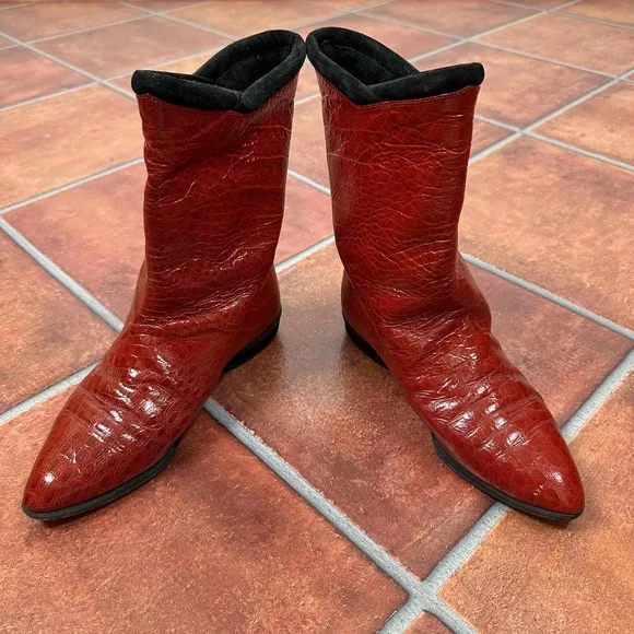 Maud Frizon Red Crocodile Pattern Pointed Toe Western Boots Size EU 36